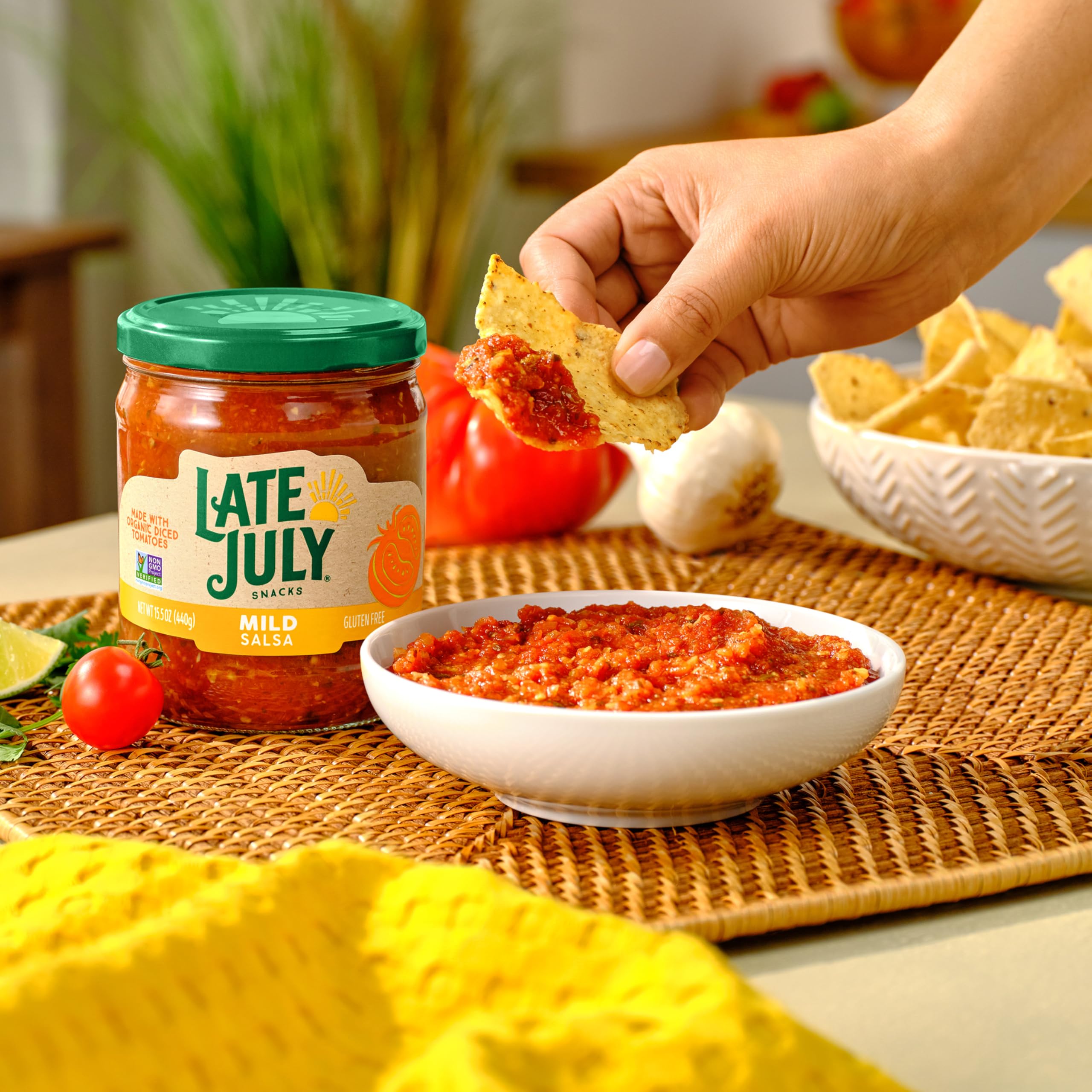 Serving bowl of Late July Mild Salsa for a party