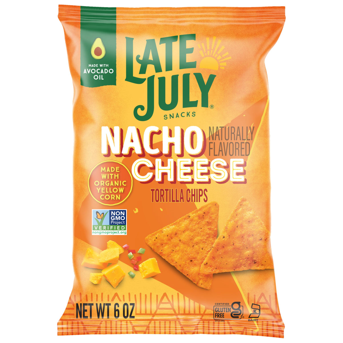 Late July Nacho Cheese tortilla chips in a 6 oz bag, ready to snack