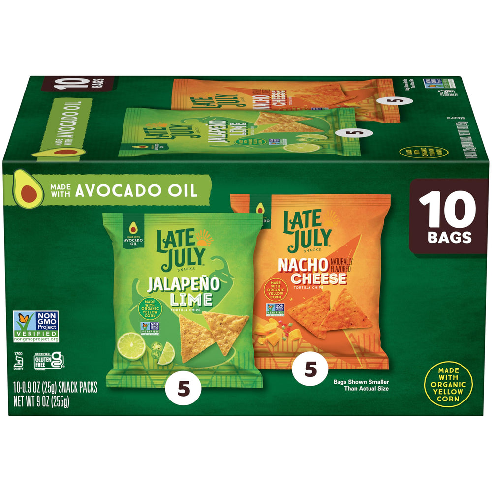 Late July Nacho Cheese tortilla chips 10-pack for easy party snacking.