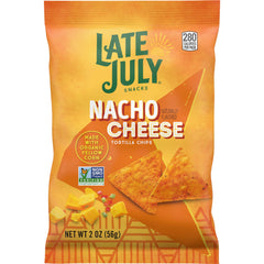 Late July Nacho Cheese tortilla chips bag front shows bold flavor ready to snack on the go