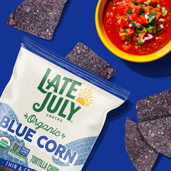 Late July organic blue corn chips ingredient closeup, highlighting non-GMO and organic certification.