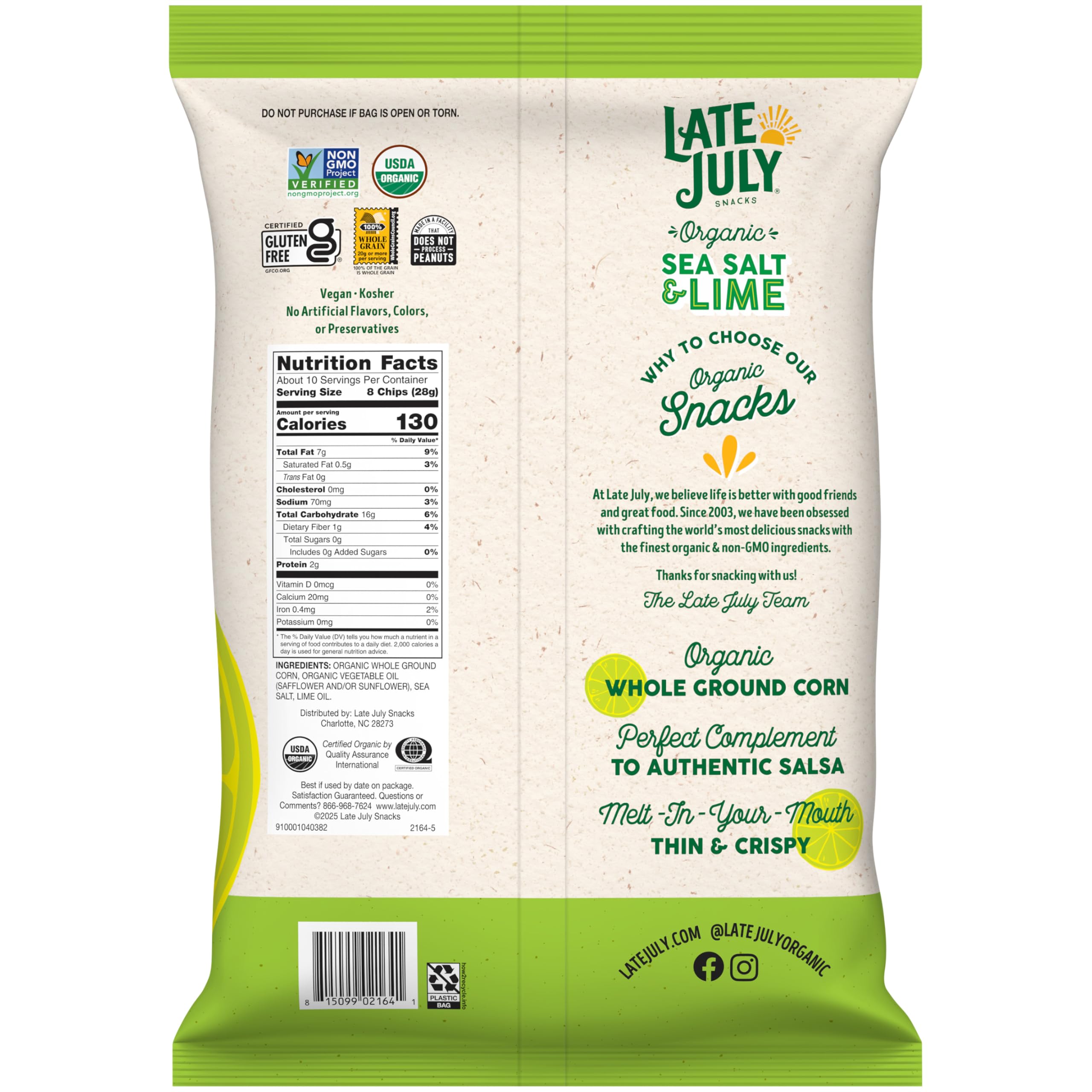 Late July organic tortilla chips ingredients panel emphasizing organic corn and clean ingredients.