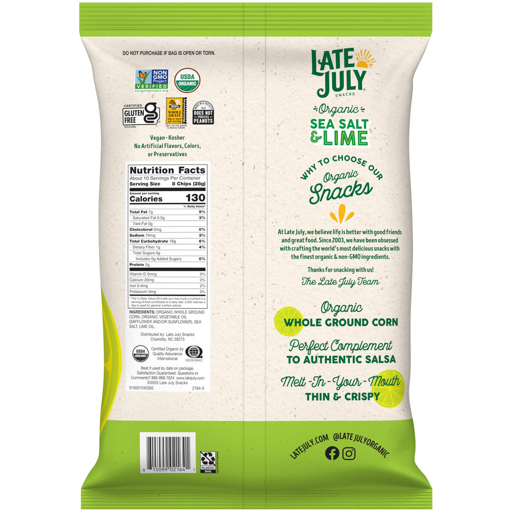 Late July organic tortilla chips ingredients panel emphasizing organic corn and clean ingredients.