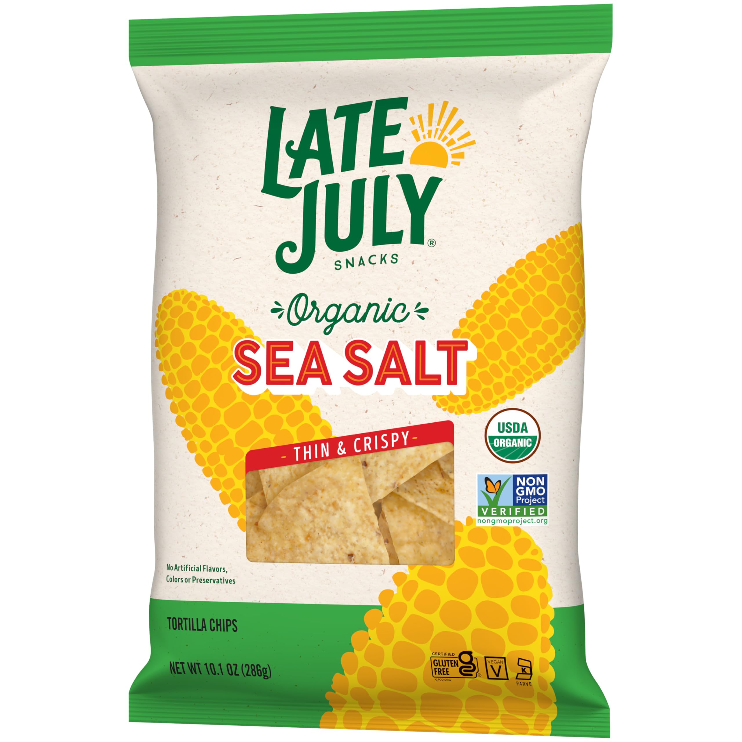 Late July organic tortilla chips packaging on a shelf signals trusted organic choice.