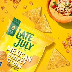 Late July organic yellow corn base underscores Non-GMO and gluten-free snack appeal.