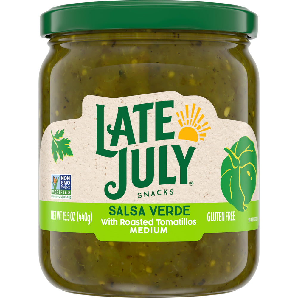 Late July Salsa Verde jar with roasted tomatillos, perfect for dipping and pairing with chips