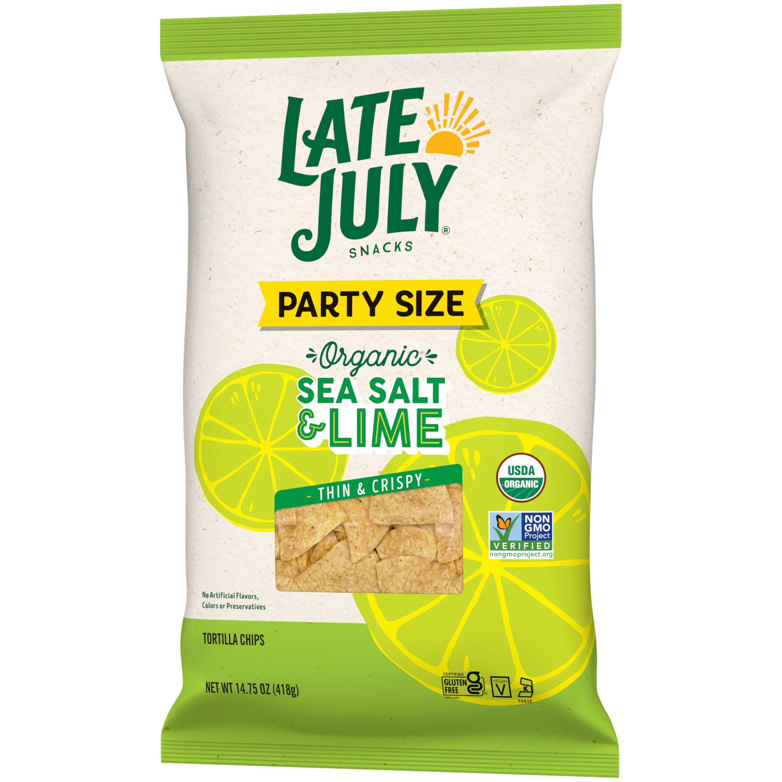 Late July organic certifications banner on Sea Salt & Lime chips.