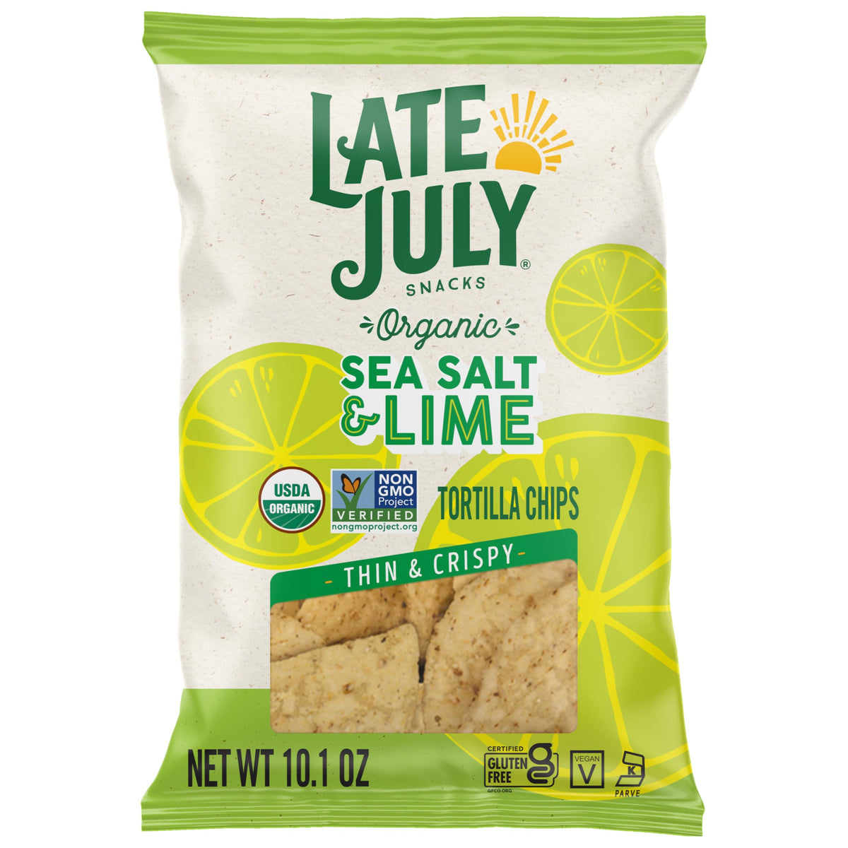 Late July sea salt lime organic tortilla chip bag showing crispy, thin texture for snacking.