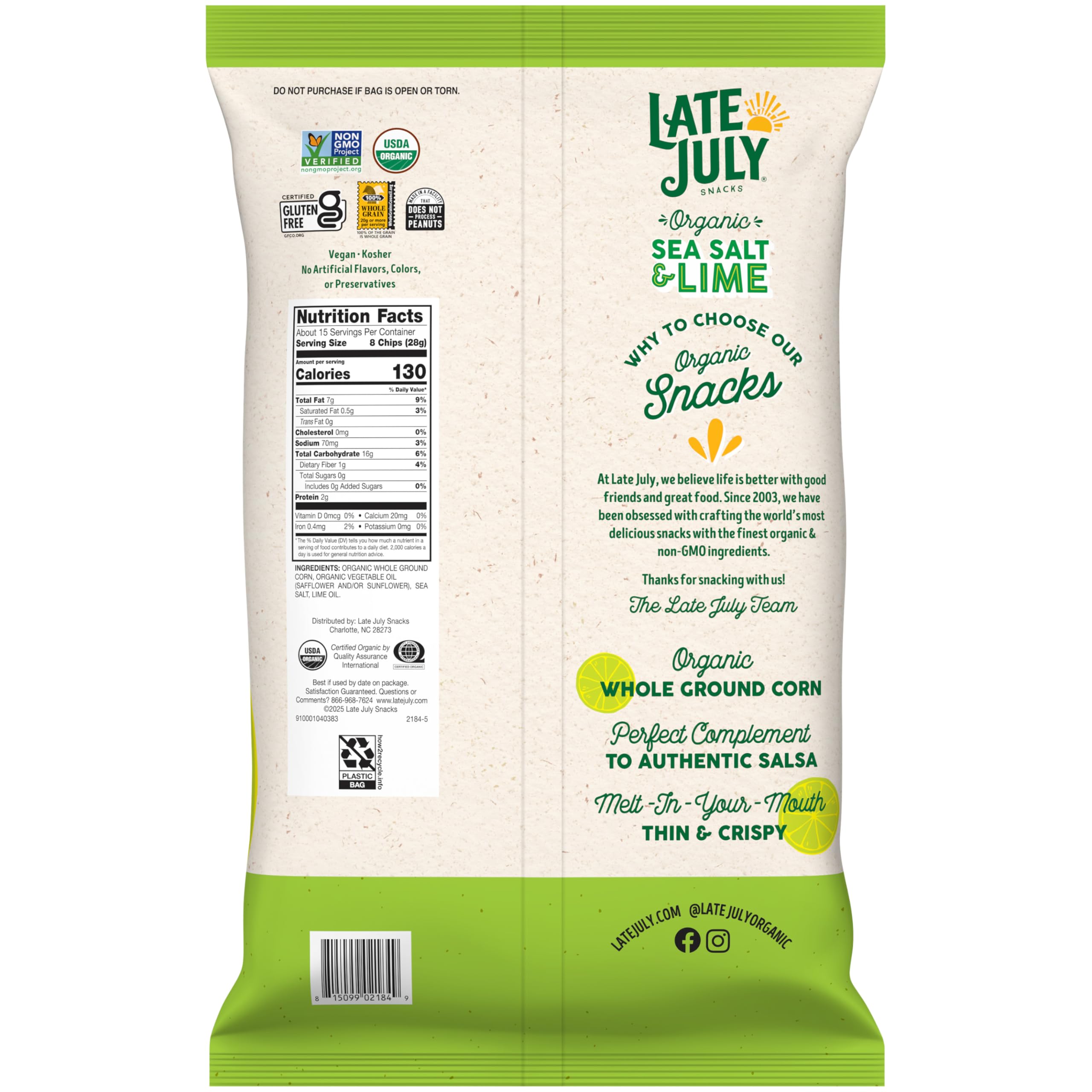 Late July Sea Salt & Lime restaurant-style tortilla chips for dipping.