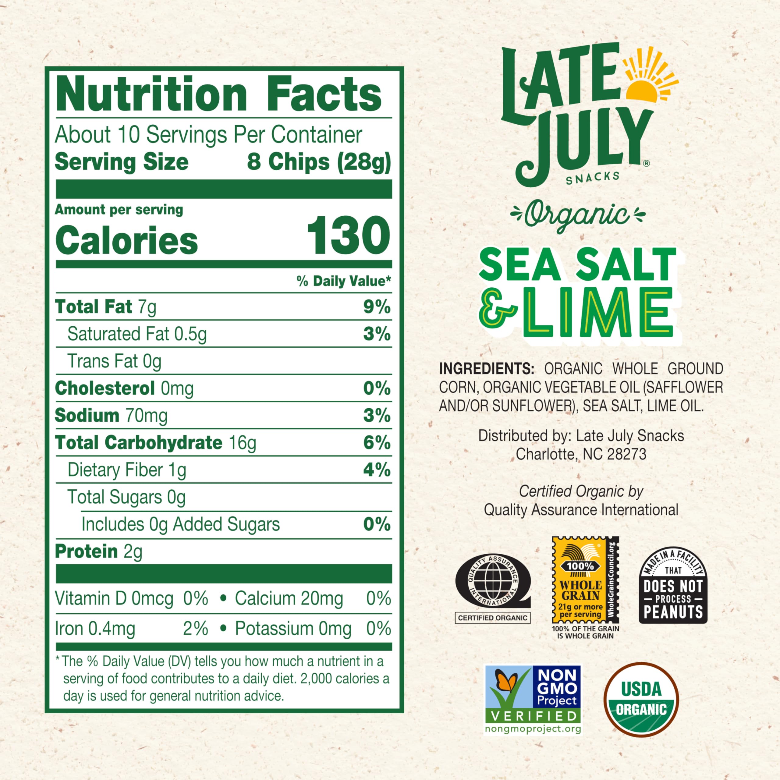 Late July sea salt lime tortilla chip closeup highlighting real lime flavor and light crunch.