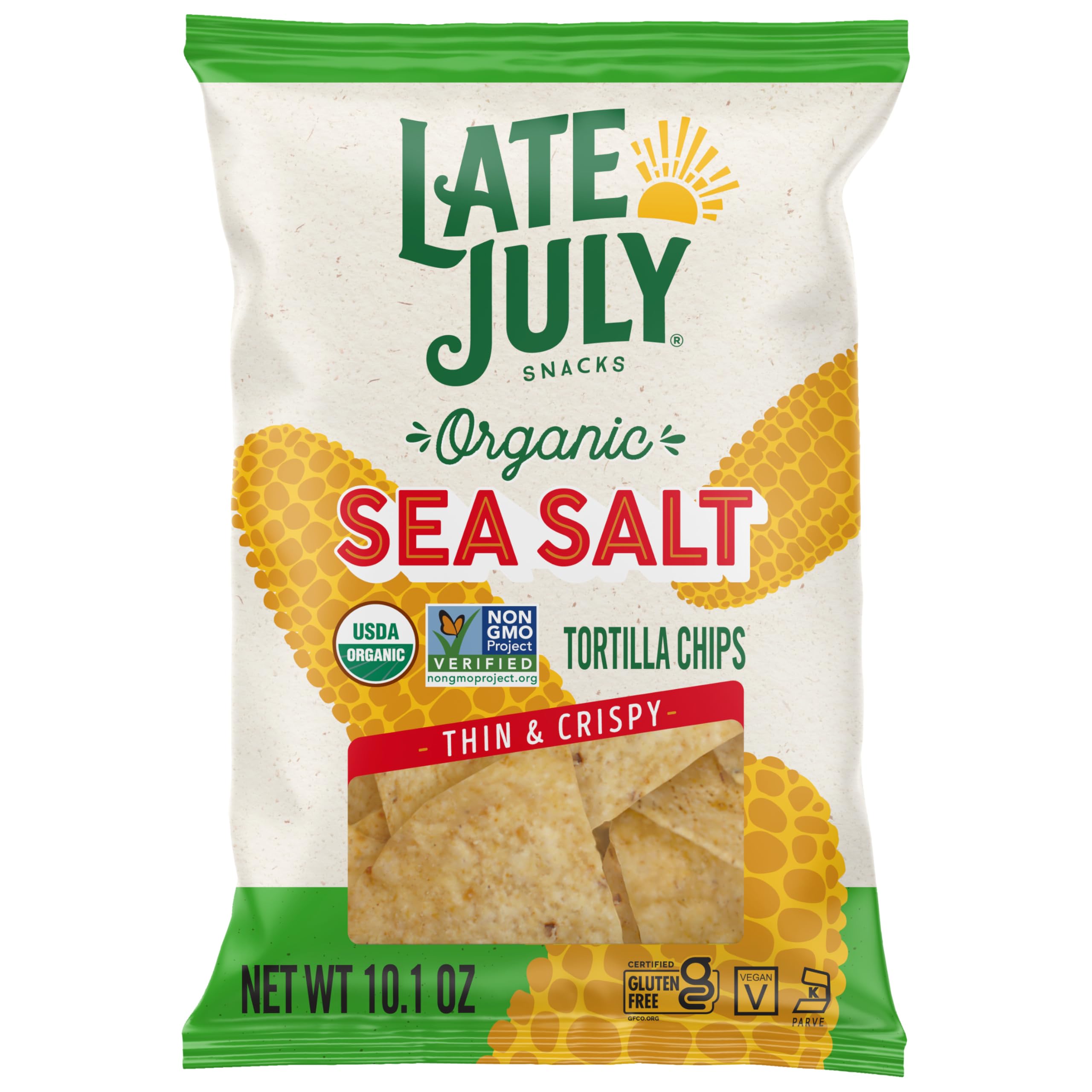 Late July sea salt organic tortilla chips in a bag, ideal for sharing with salsa.