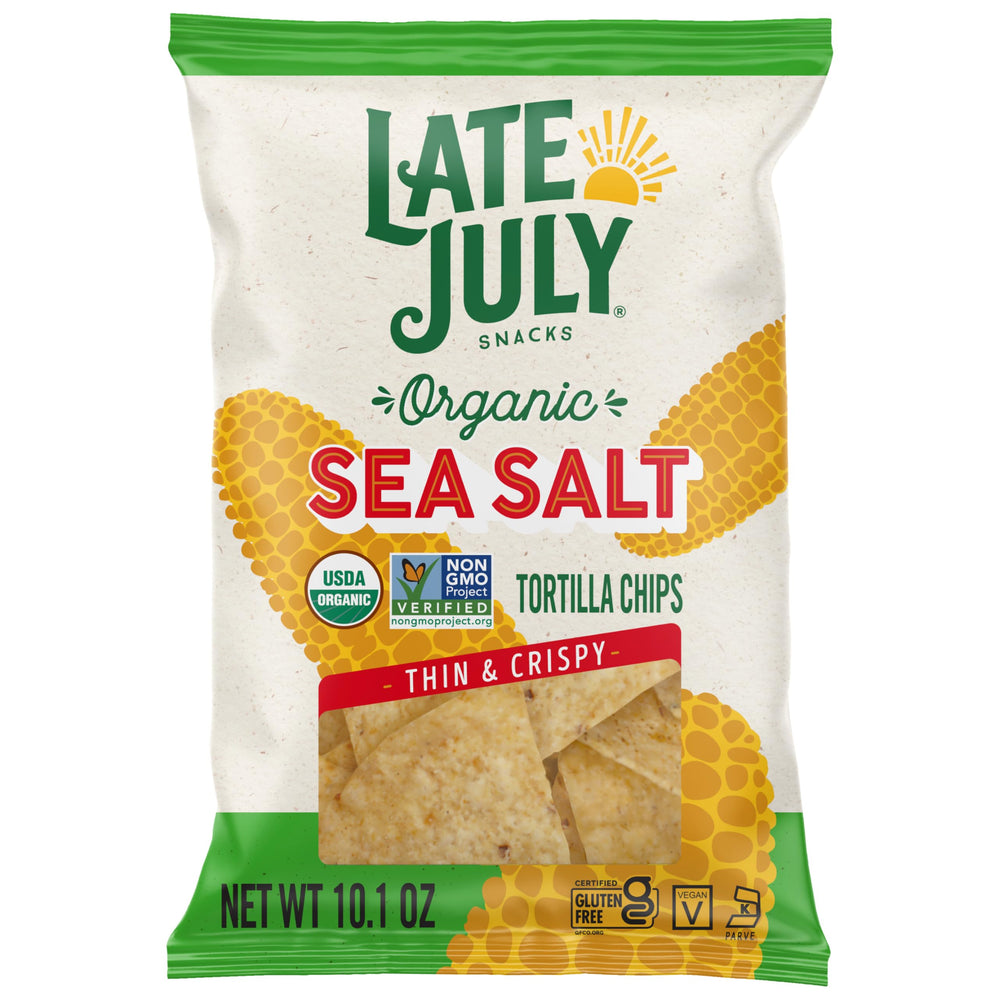 Late July sea salt organic tortilla chips in a bag, ideal for sharing with salsa.