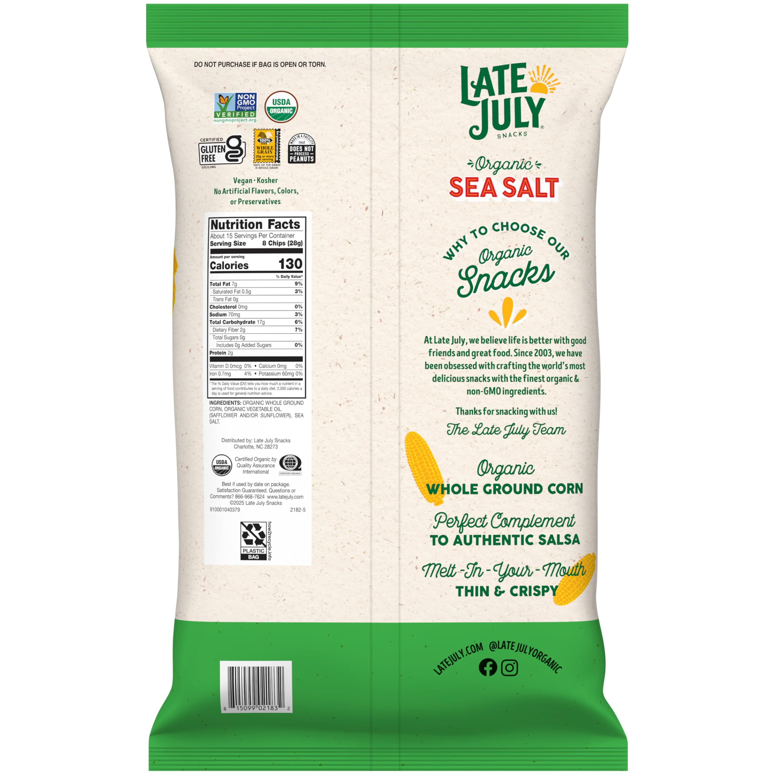 Late July Sea Salt tortilla chips packaging highlighting organic and non-GMO credentials