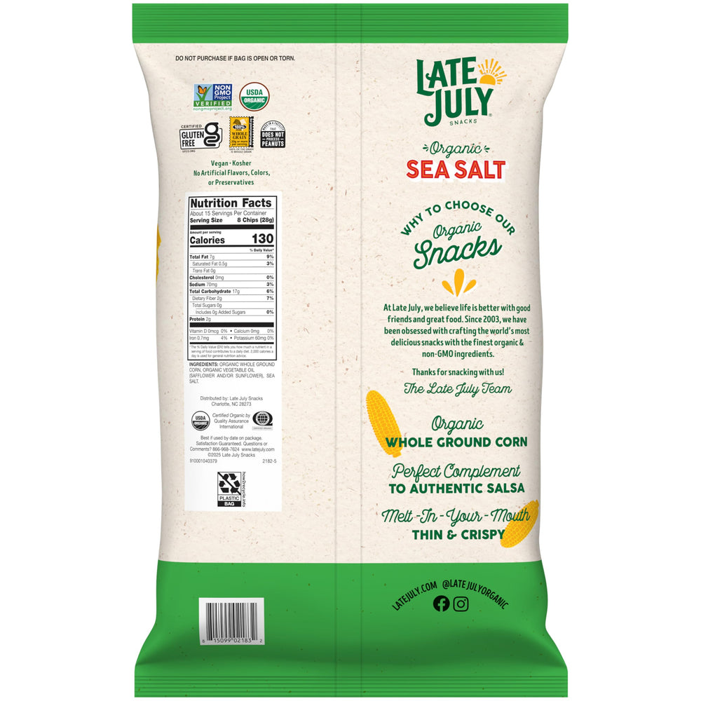 Late July Sea Salt tortilla chips packaging highlighting organic and non-GMO credentials