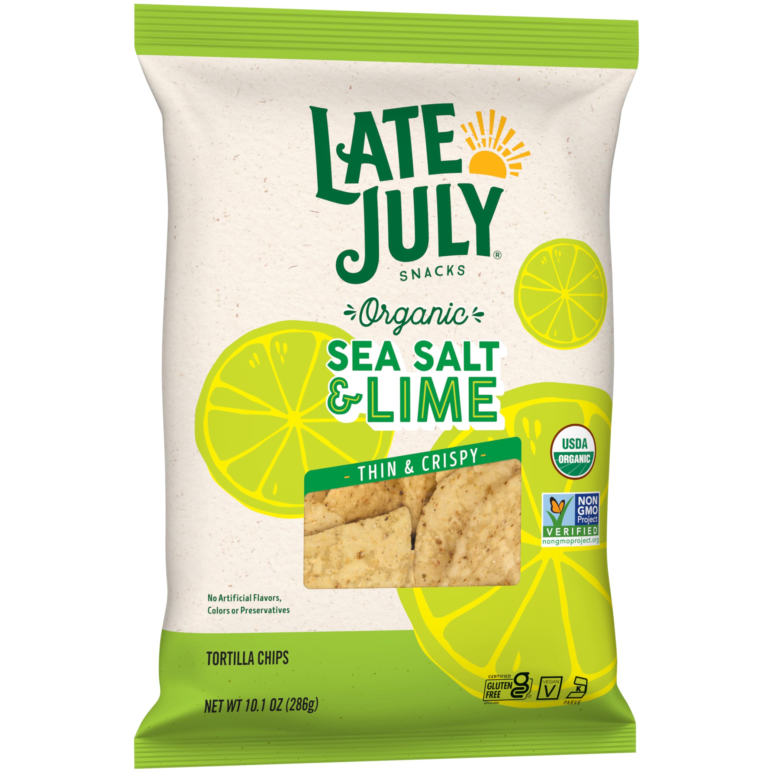 Late July vegan certified tortilla chips logo scene emphasizing plant-based option.