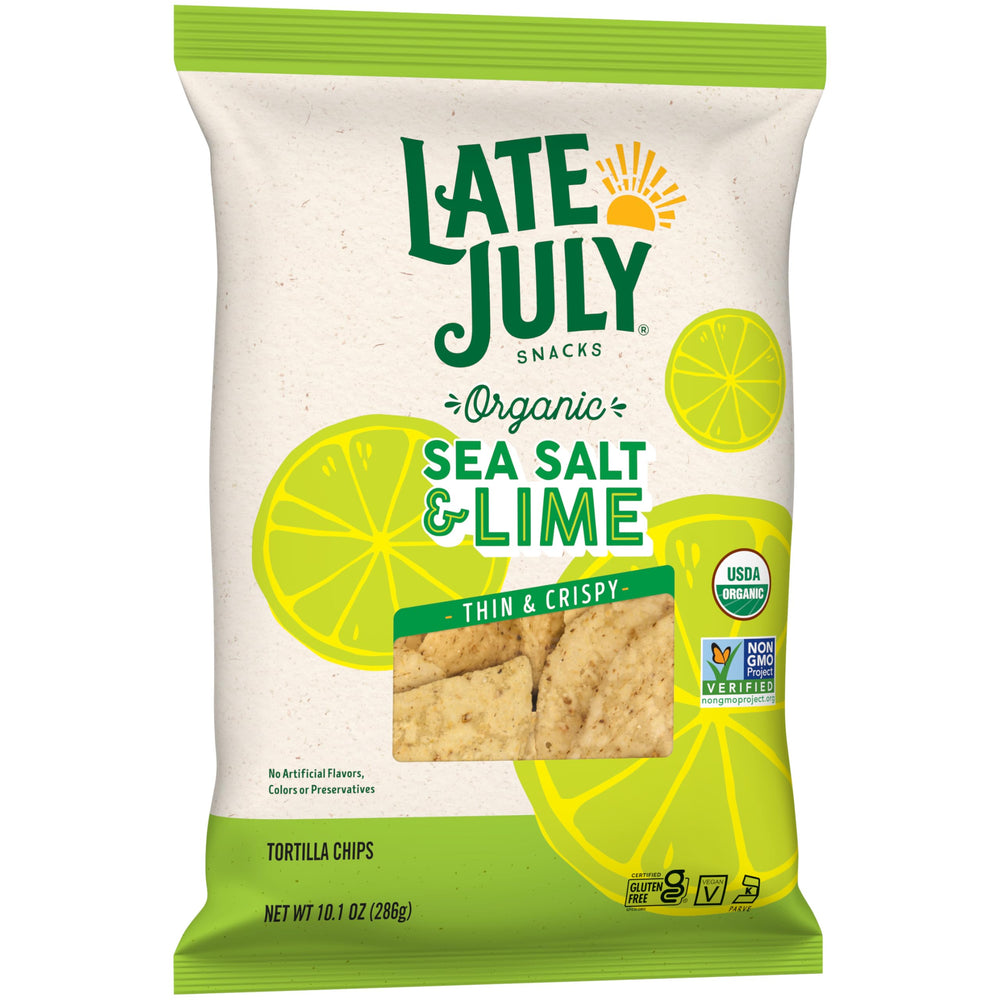 Late July vegan certified tortilla chips logo scene emphasizing plant-based option.
