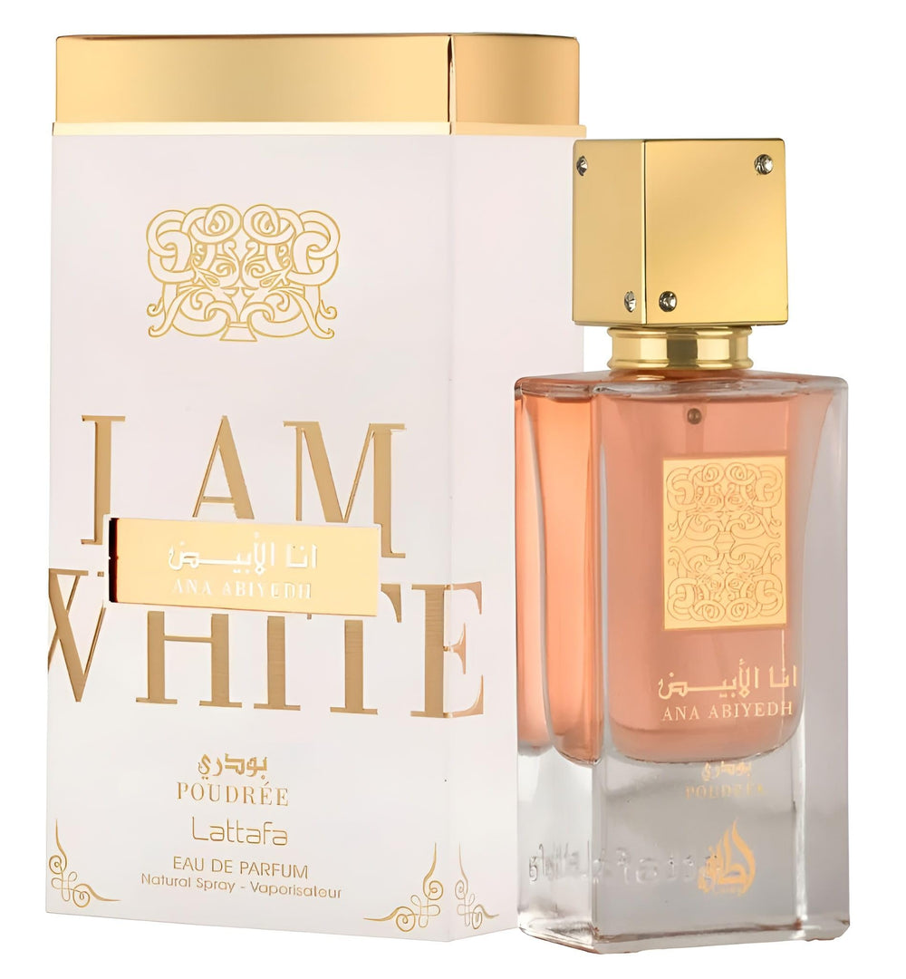 Lattafa Ana Abiyedh Poudree close up with musk and amber for refined evenings