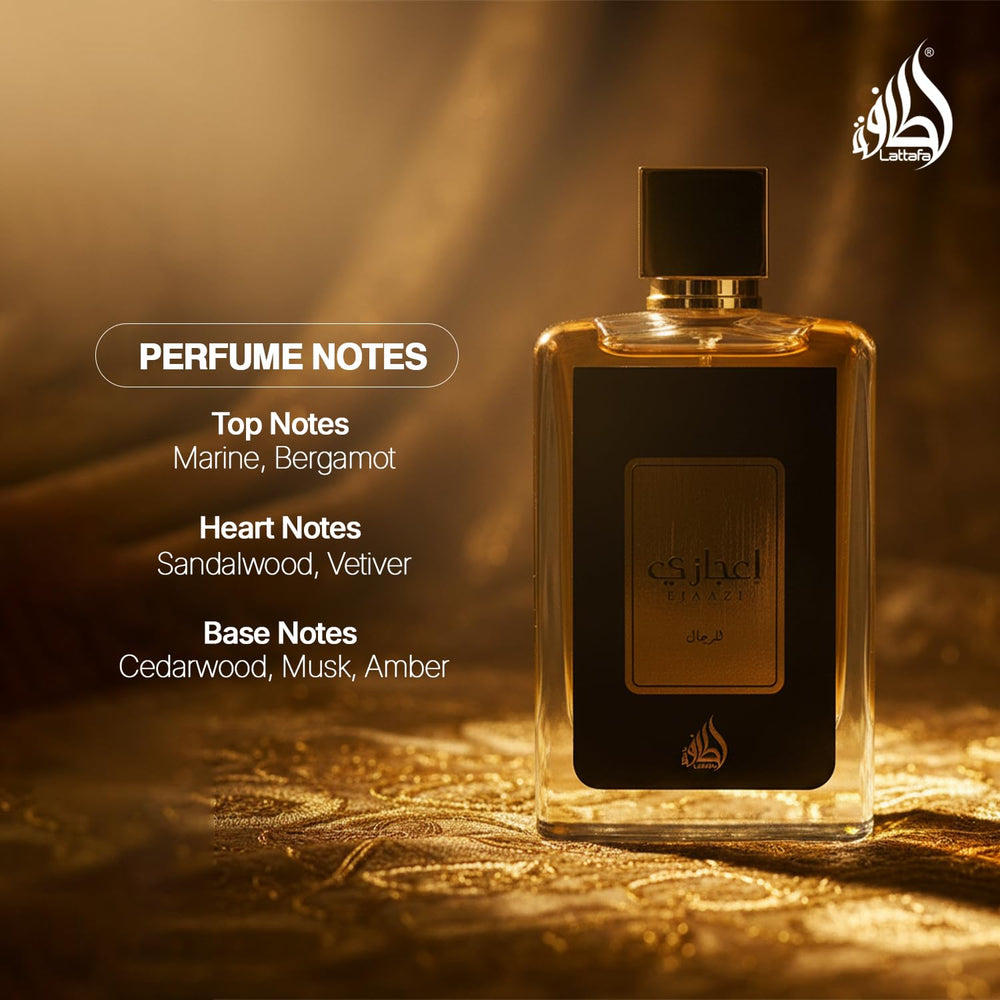 Lattafa Ejaazi base notes graphic hints at lasting warmth with cedarwood and musk.