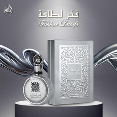Lattafa Fakhar Platin bottle back view with label details and premium craftsmanship
