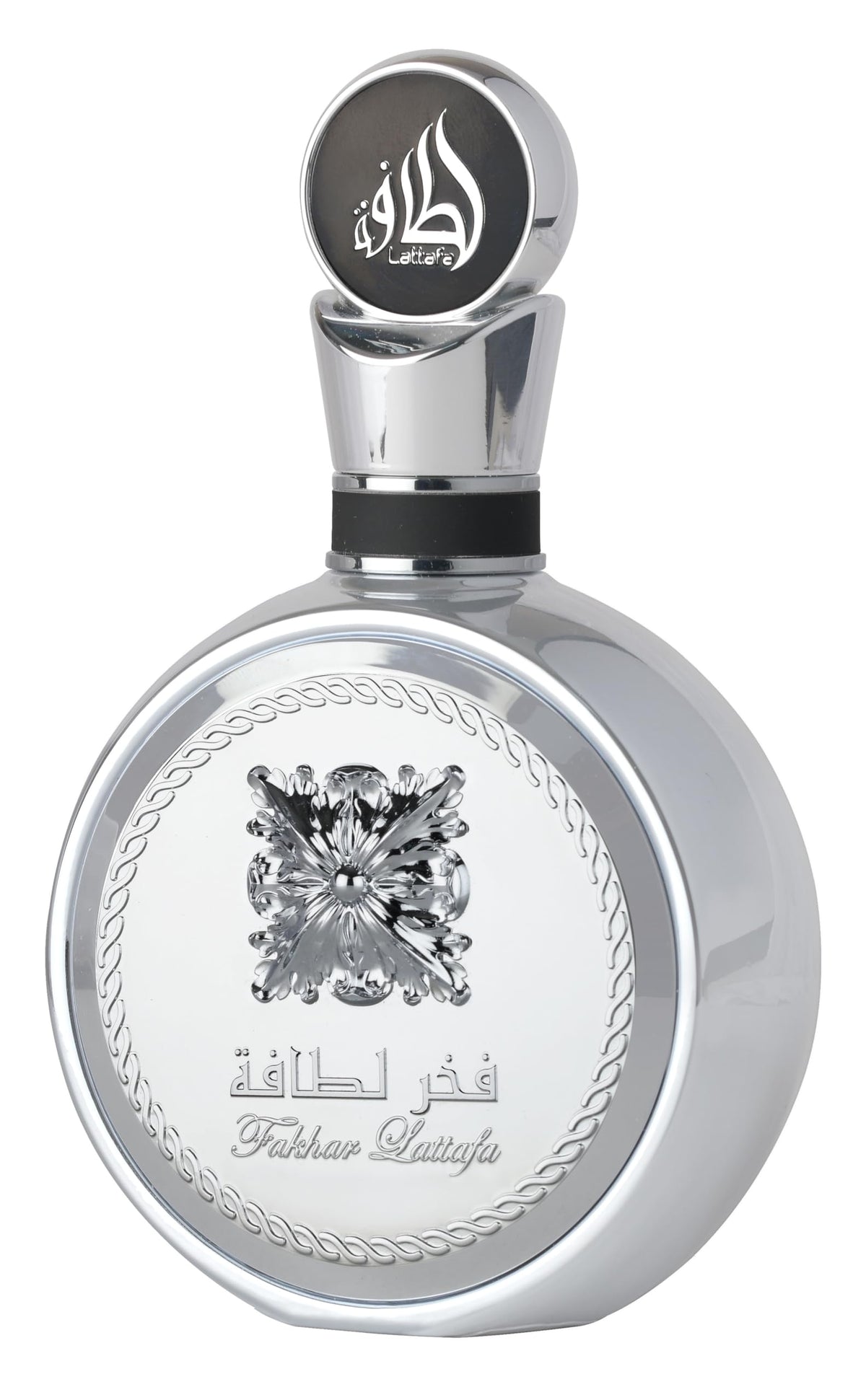 Lattafa Fakhar Platin bottle front view highlights modern fragrance for daily wear