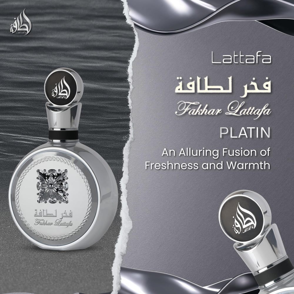 Lattafa Fakhar Platin bottle side view shows sleek design and dual-use appeal