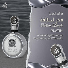 Lattafa Fakhar Platin bottle side view shows sleek design and dual-use appeal