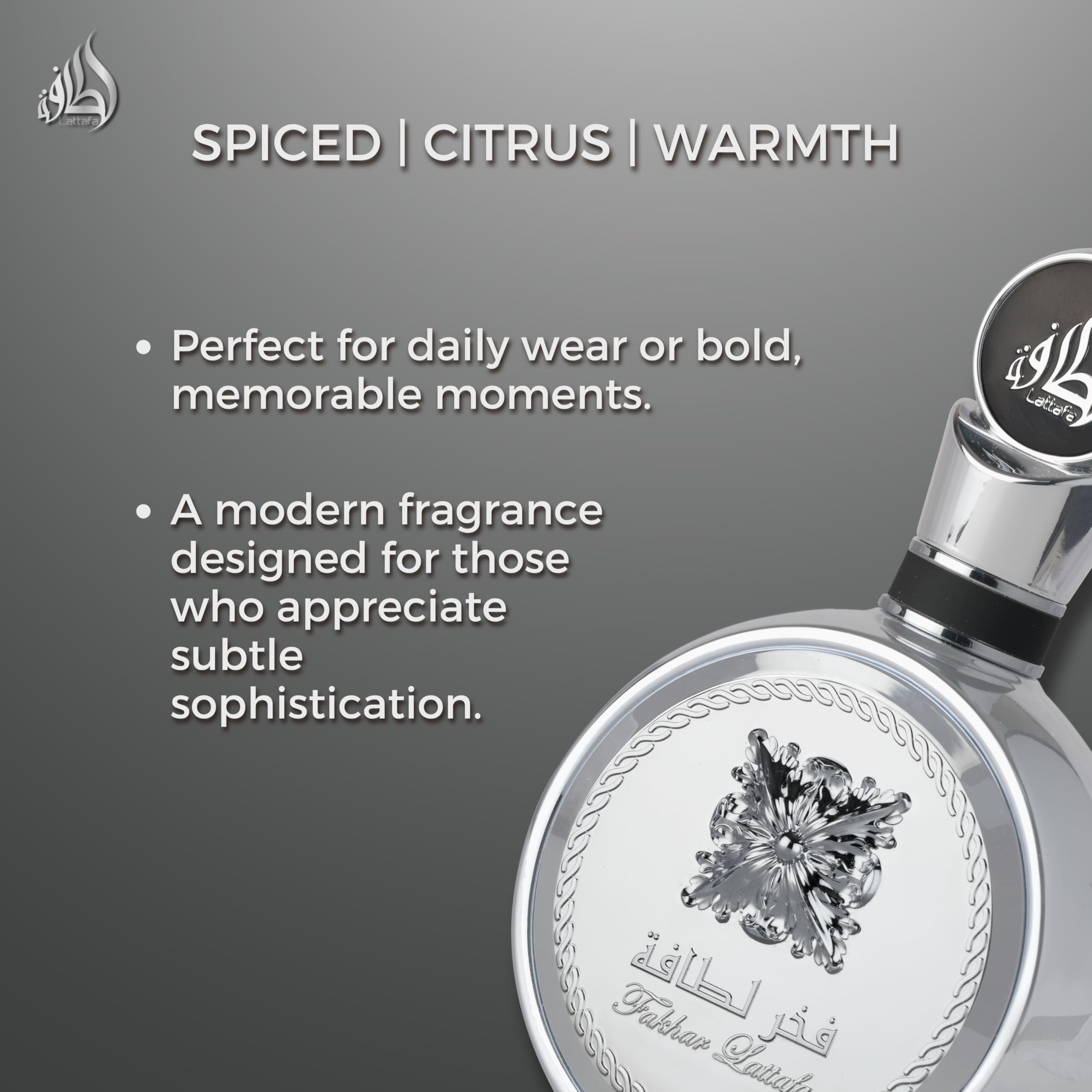 Lattafa Fakhar Platin lifestyle shot suggests versatile day-to-night wear
