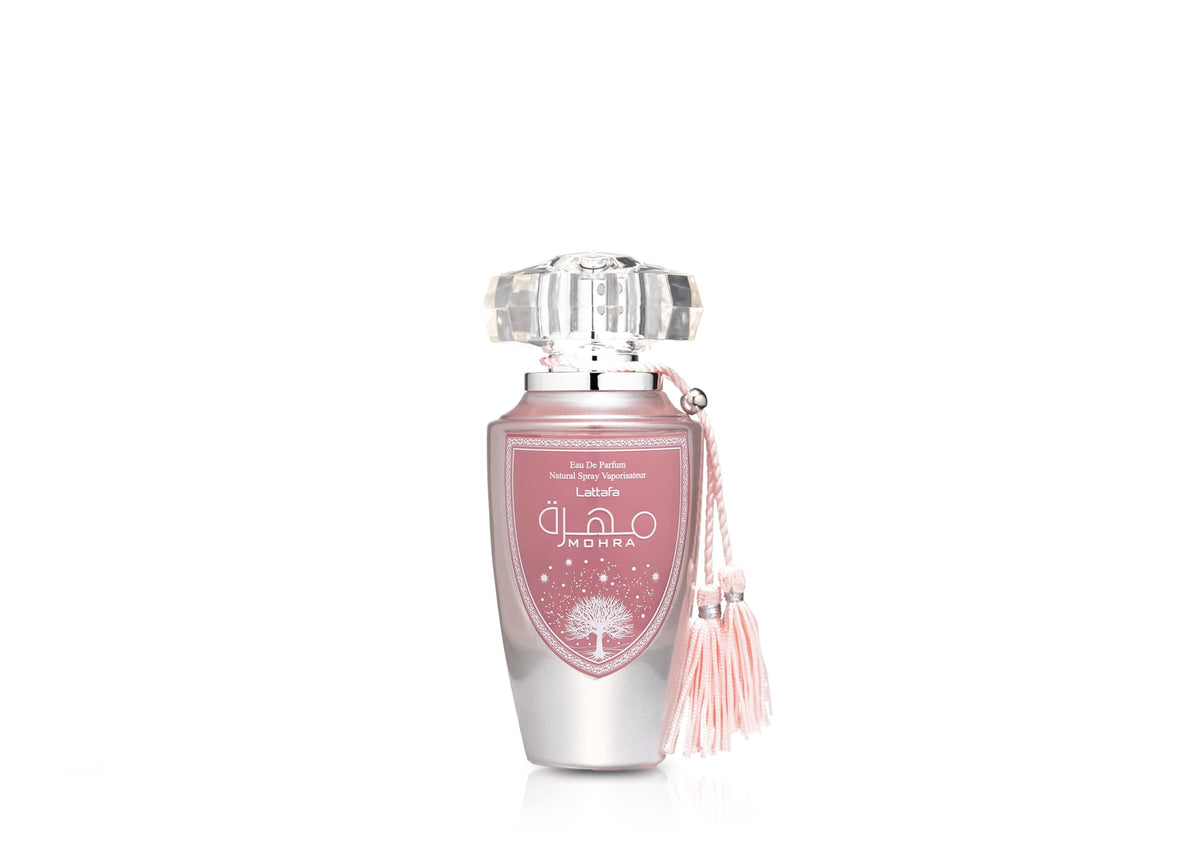 Lattafa Mohra Silky Rose bottle closeup shows elegant design for lasting impressions