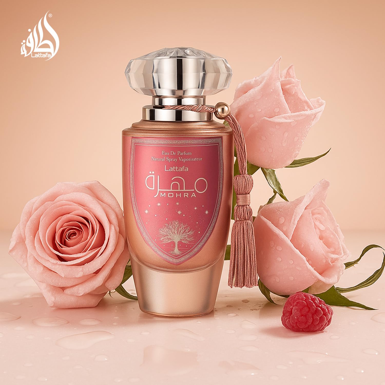 Lattafa Mohra Silky Rose litchi-rose visual suggests a fresh inviting opening