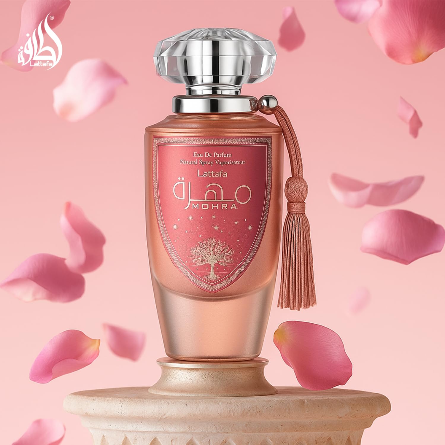 Lattafa Mohra Silky Rose rose-notes visual emphasizes floral heart and powdery base