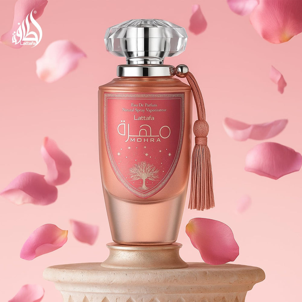 Lattafa Mohra Silky Rose rose-notes visual emphasizes floral heart and powdery base