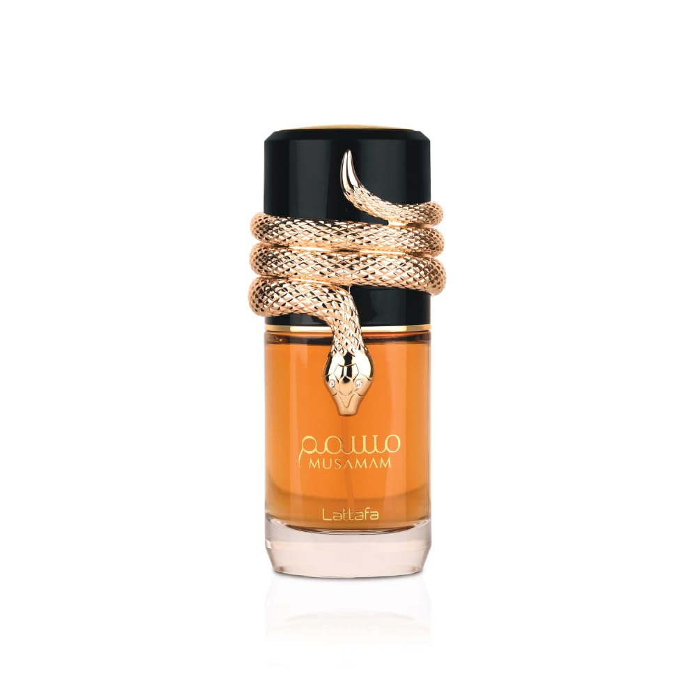Lattafa Musamam bottle and pour reveal balanced oriental scent for daily wear.