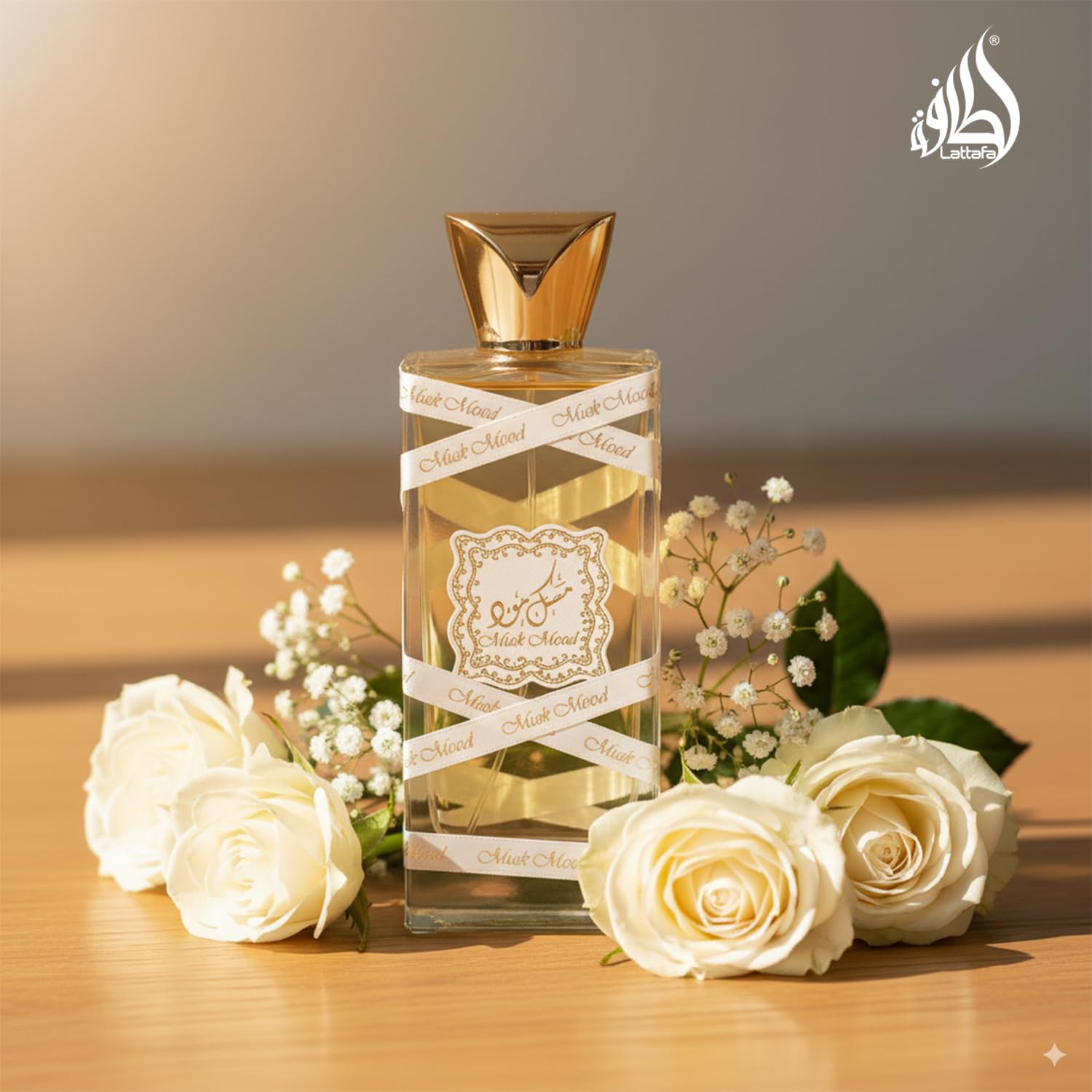 Lattafa Musk Mood bottle on surface, versatile scent for daily use.