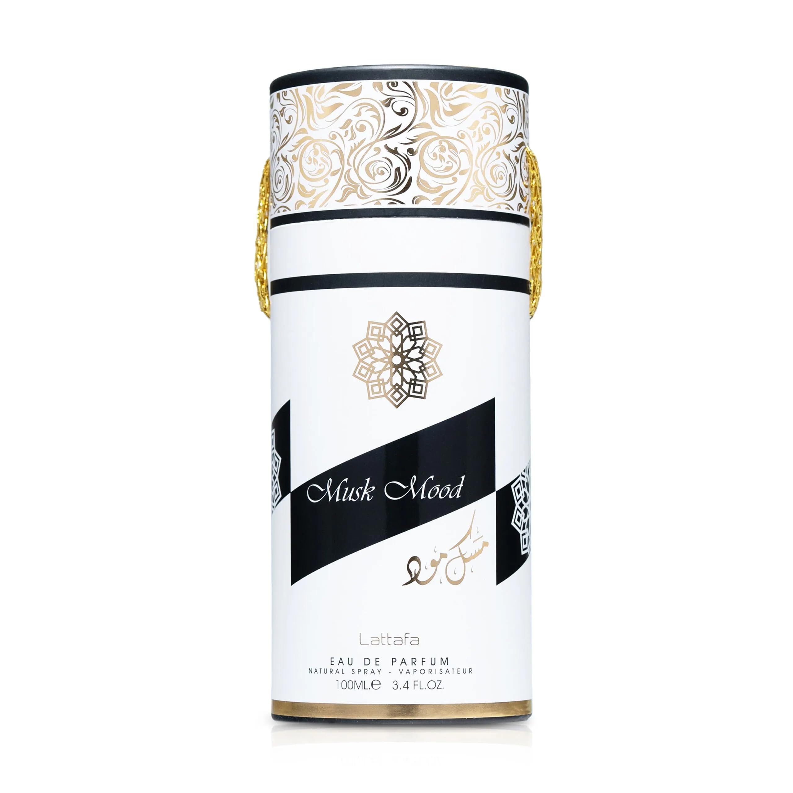 Lattafa Musk Mood cap closeup, premium packaging design.