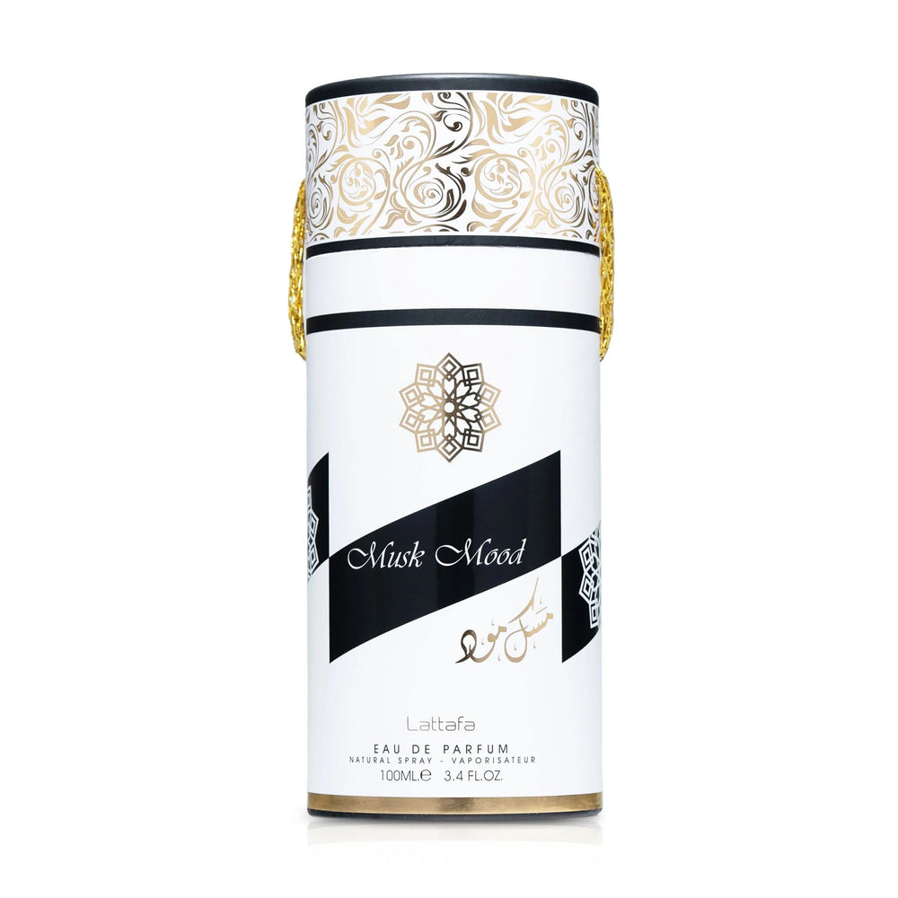 Lattafa Musk Mood cap closeup, premium packaging design.