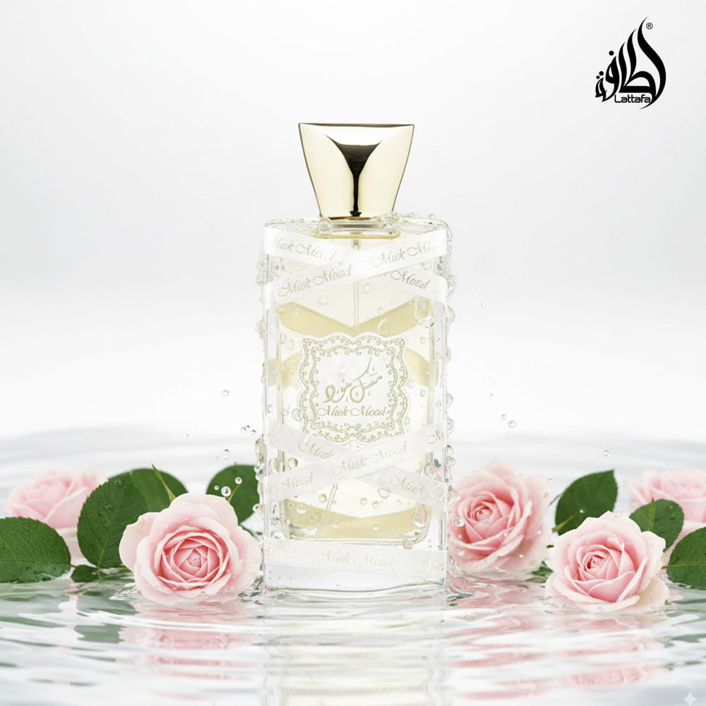 Lattafa Musk Mood label detail, clear fragrance notes at a glance.