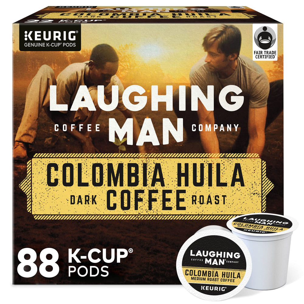 Laughing Man Colombia Huila K-Cup pod highlights dark roast aroma and bold body.