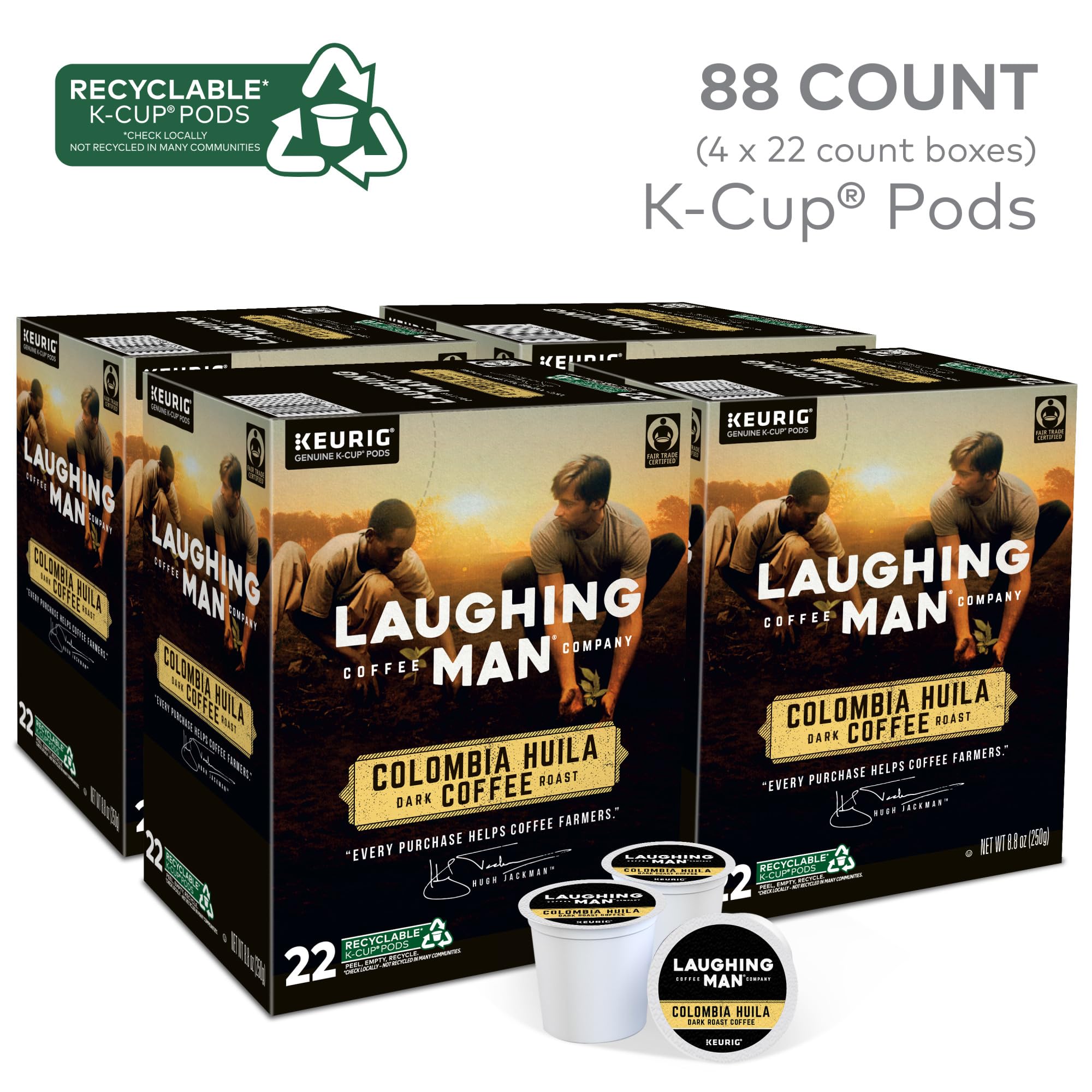 Laughing Man Colombia Huila K-Cup pod shows Arabica beans for a smooth, complex cup.