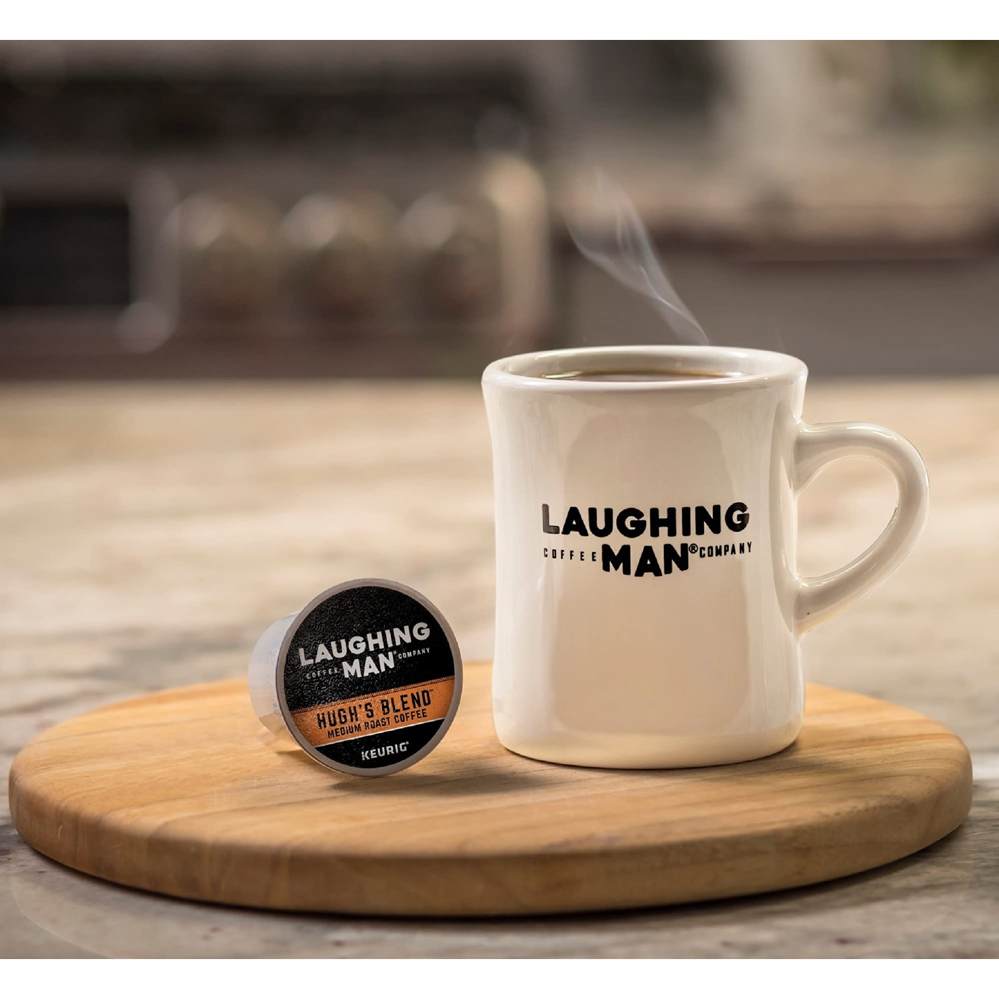 Laughing Man Hugh's Blend Orthodox Union Kosher seal on box.