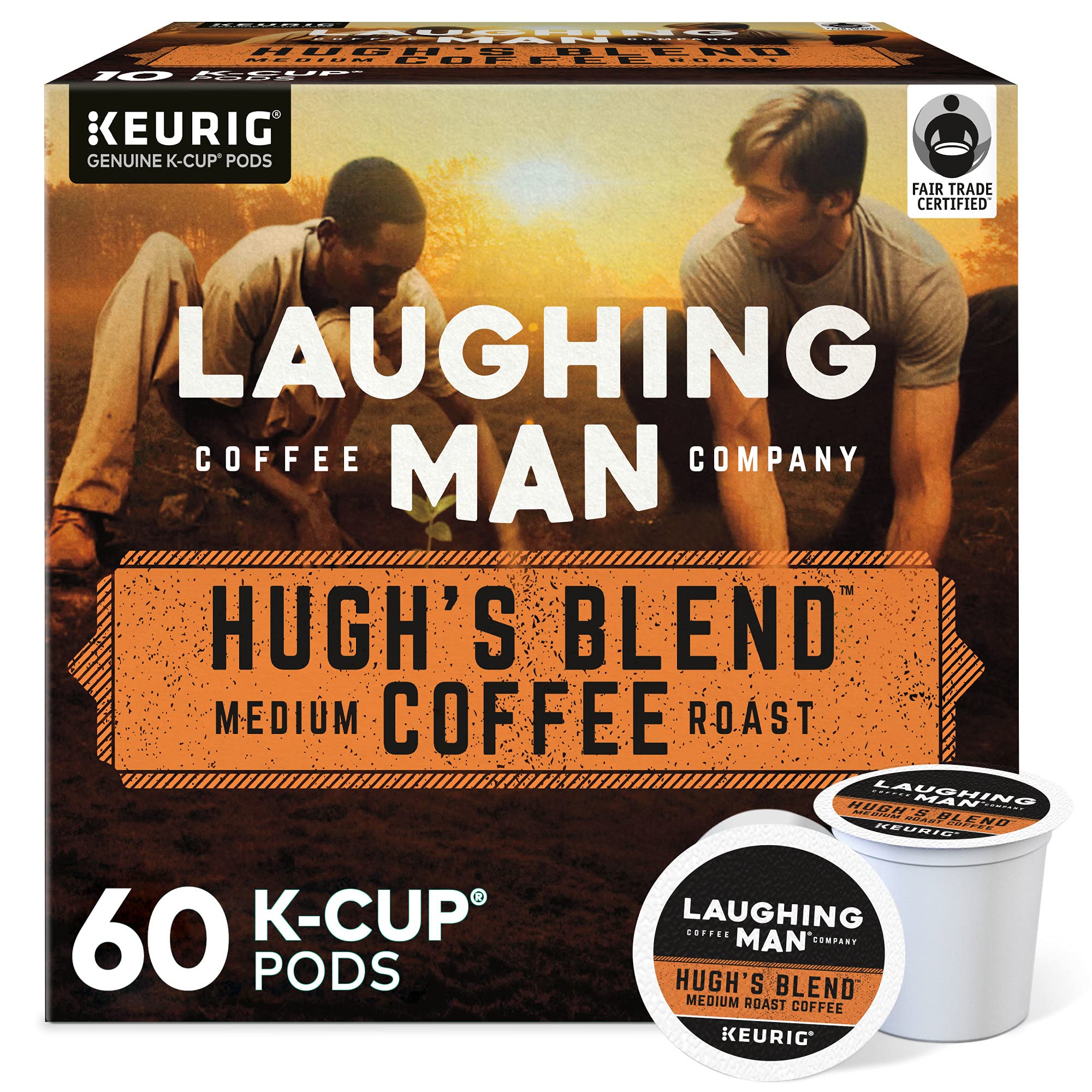 Laughing Man Hugh's Blend packaging box showcases the brand and ethical sourcing.
