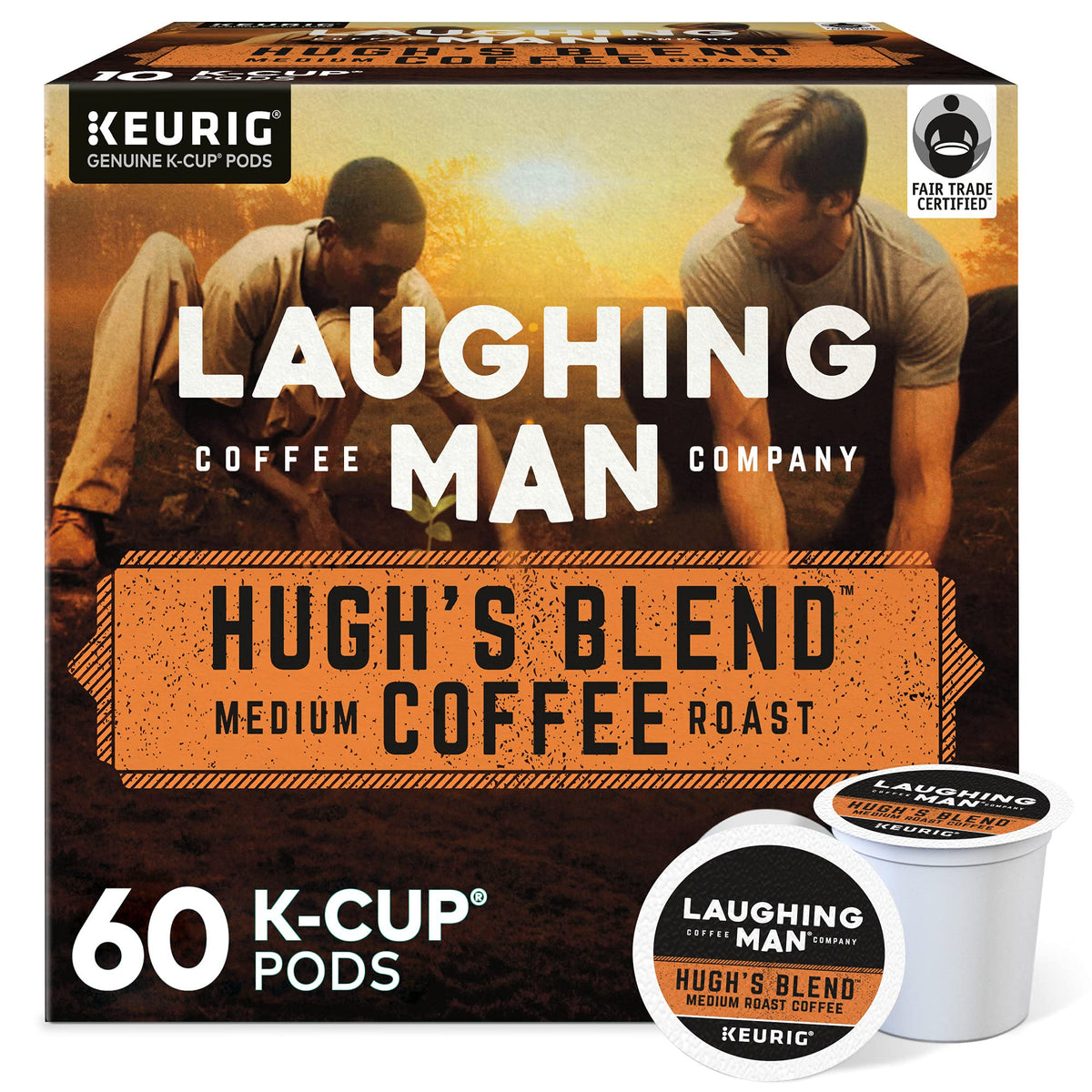 Laughing Man Hugh's Blend packaging box showcases the brand and ethical sourcing.