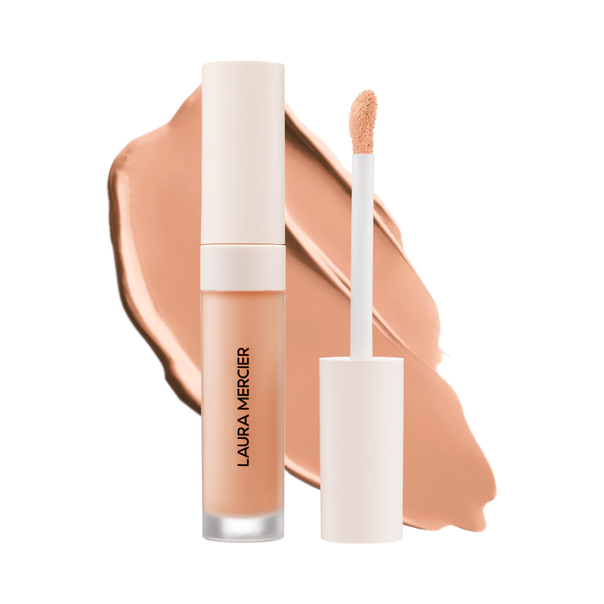 Laura Mercier Real Flawless serum concealer bottle pump showing weightless coverage for bright under-eyes.