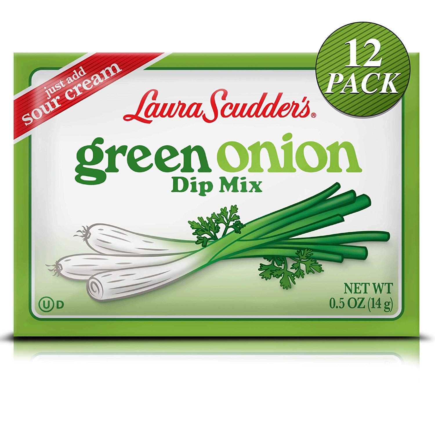 Laura Scudder's Green Onion Dip Mix jar highlights convenient, fat-free seasoning.