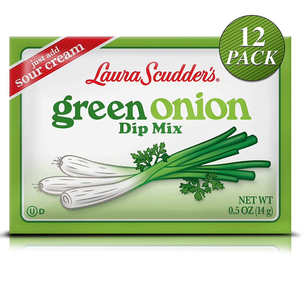 Laura Scudder's Green Onion Dip Mix jar highlights convenient, fat-free seasoning.