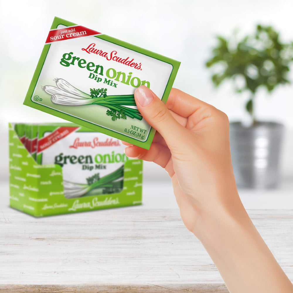 Laura Scudder's Green Onion Dip Mix on tortilla chips for a flavorful snack.