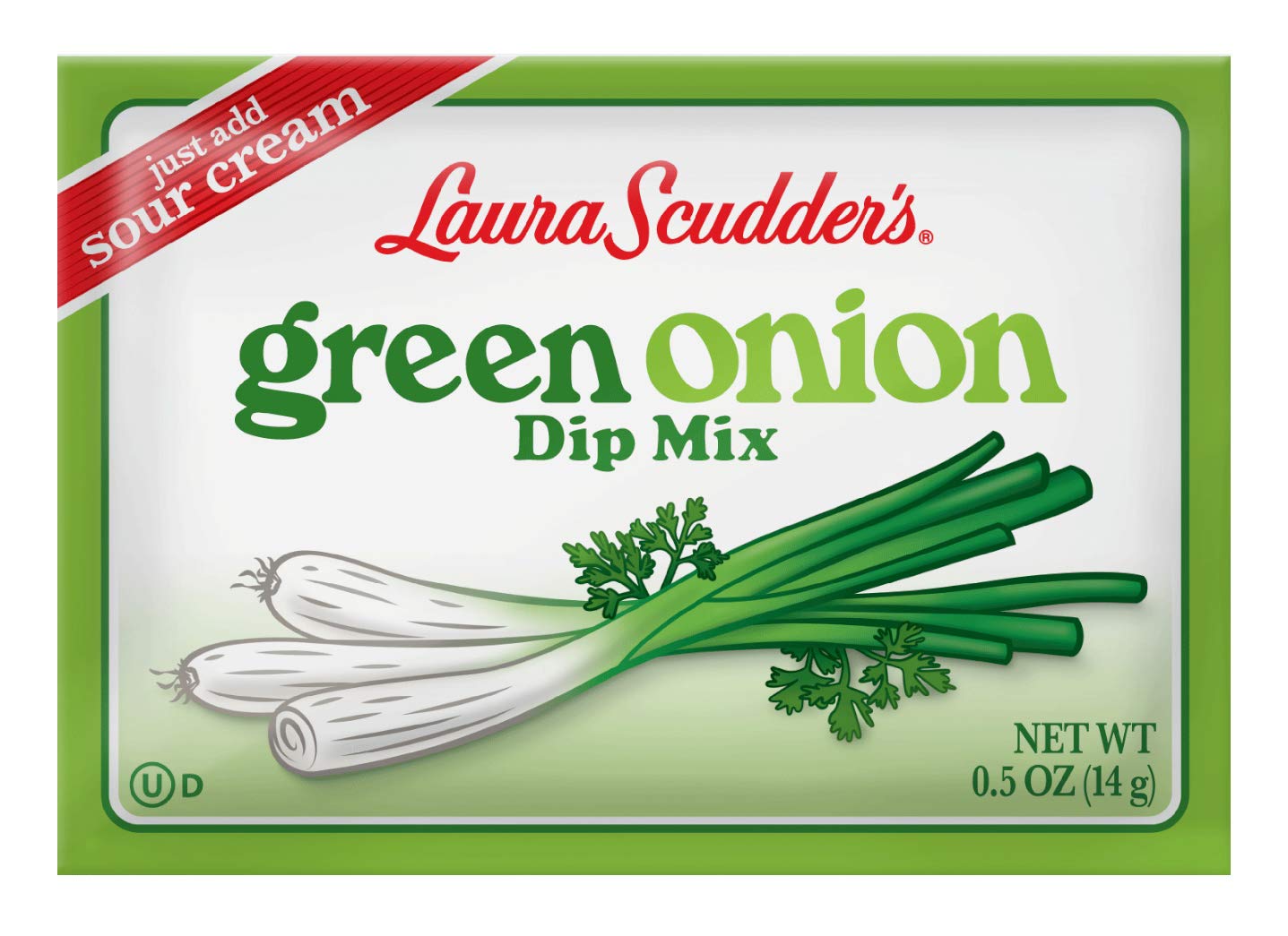 Laura Scudder's Green Onion Dip Mix packaging with four packets for easy use.