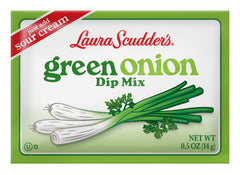 Laura Scudder's Green Onion Dip Mix packaging with four packets for easy use.