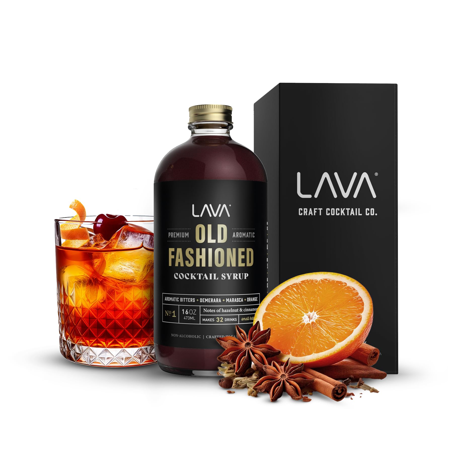 LAVA Old Fashioned syrup bottle closeup shows premium ingredients in every pour