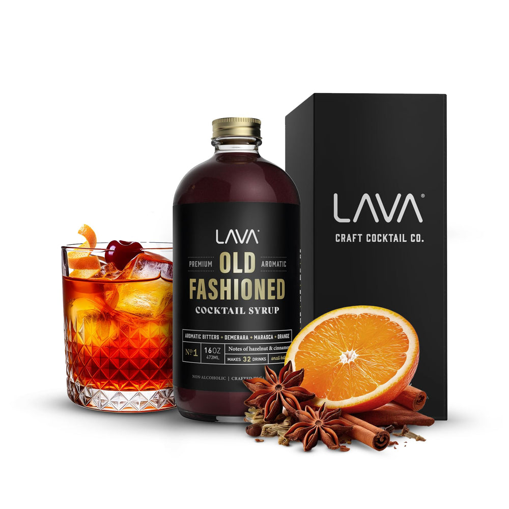 LAVA Old Fashioned syrup bottle closeup shows premium ingredients in every pour