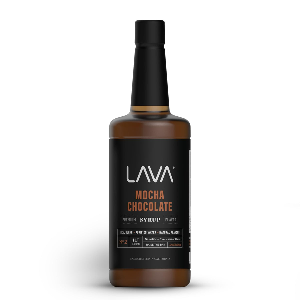 LAVA Premium Mocha Chocolate Syrup bottle highlighting rich flavor for coffee
